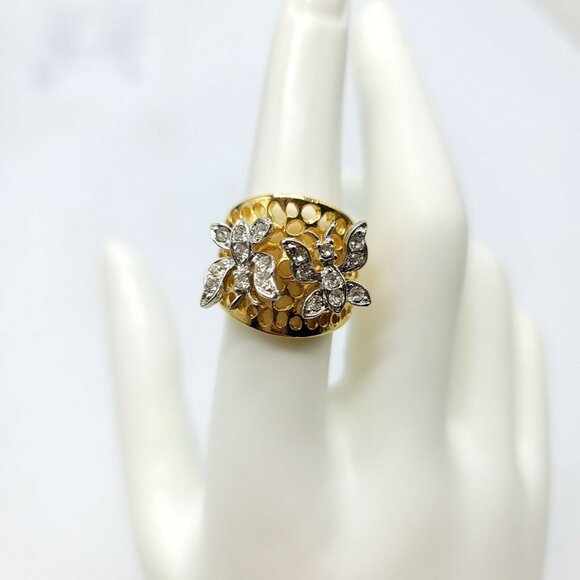 Clear Glass Rhinestone Butterfly 18KT HGE Gold Electroplate NOS VTG Ring Size 7 - Picture 1 of 5